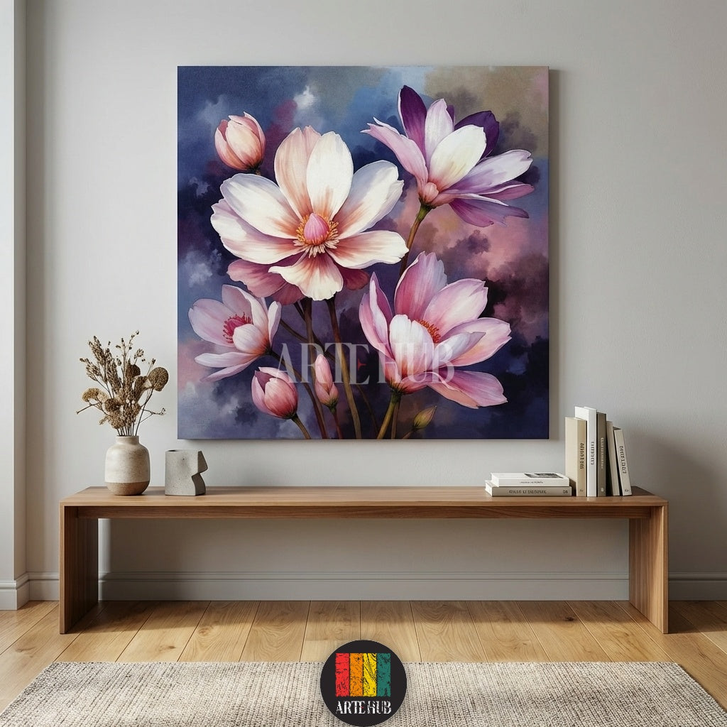  A beautiful square canvas painting featuring delicate pink and white flowers against a moody dark background, perfect for Egyptian style interior decoration by Artehub.

لوحة فنية كانفس لزهور وردية وبيضاء ناعمة على خلفية داكنة، تابلوه مودرن مثالي لديكور الحوائط في مصر من إنتاج Artehub.