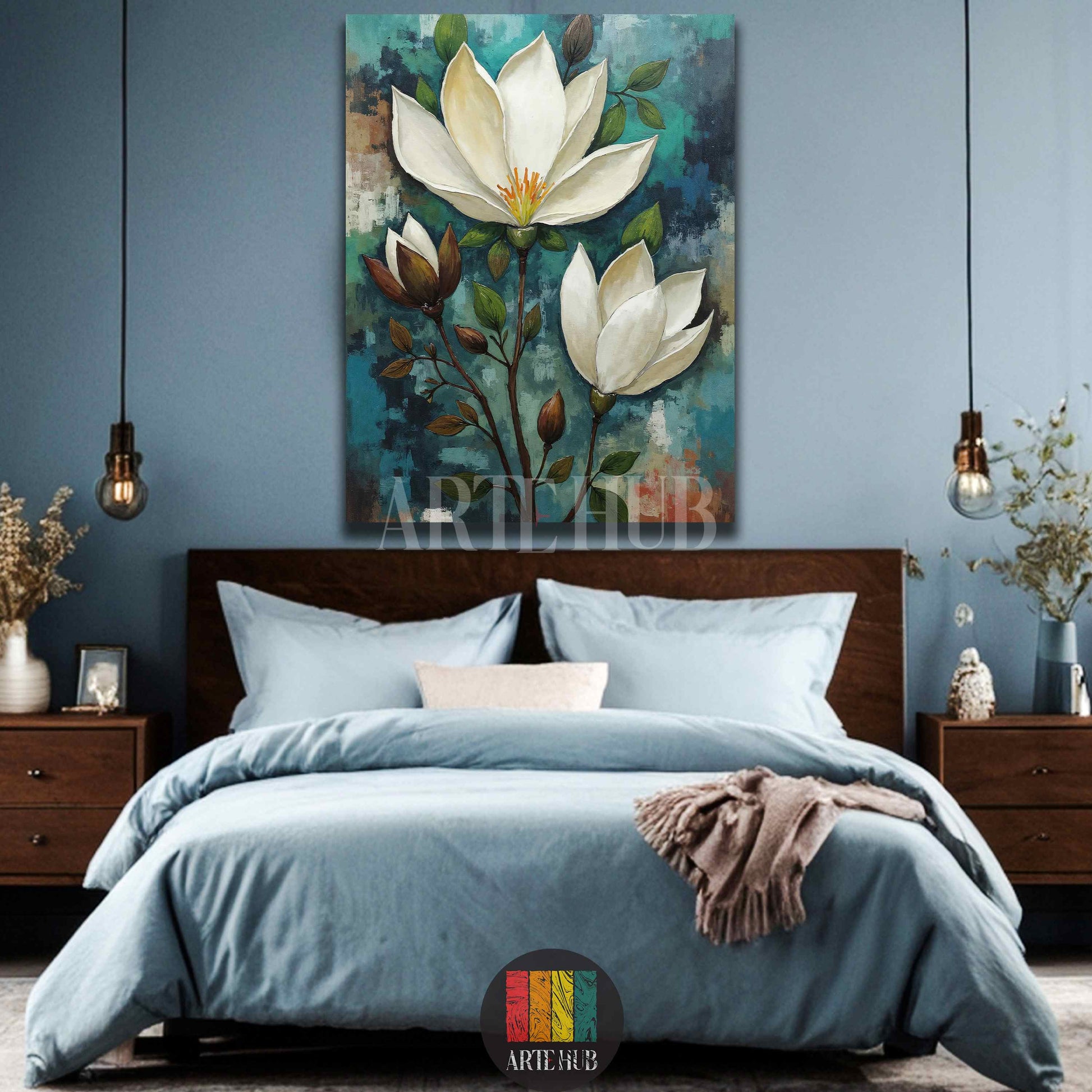  A beautiful vertical canvas print featuring large white magnolia flowers on a textured teal background, ideal for modern Egyptian home decor by Artehub.

 لوحة فنية من الكانفاس لزهور الماغنوليا البيضاء الأنيقة على خلفية تركوازية، مناسبة لديكورات المنازل المودرن في مصر من آرت هوب.