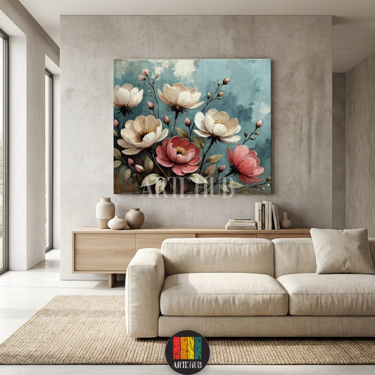 A large square canvas wall art featuring elegant white and pink floral blooms against a blue textured background, displayed above a modern wooden dining table with beige chairs in a stylish Egyptian living room.
تابلوه كانفاس مربع كبير يظهر ورودًا بيضاء ووردية أنيقة على خلفية زرقاء فاتحة، معروض فوق طاولة طعام خشبية حديثة وكراسي بيج في منزل عصري بمصر.