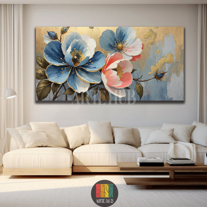 Large horizontal canvas print featuring abstract blue and pink flowers with vibrant gold leaf accents on a light blue background. The artwork hangs above a wooden credenza in a modern Egyptian dining room, enhancing the elegant home decor in Egypt.
تابلوه قماش كبير أفقي يصور أزهارًا تجريدية زرقاء ووردية مع تفاصيل ذهبية لامعة على خلفية زرقاء فاتحة. اللوحة معلقة فوق بوفيه خشبي في غرفة طعام مصرية عصرية، تضيف لمسة فنية لديكور المنزل في مصر.