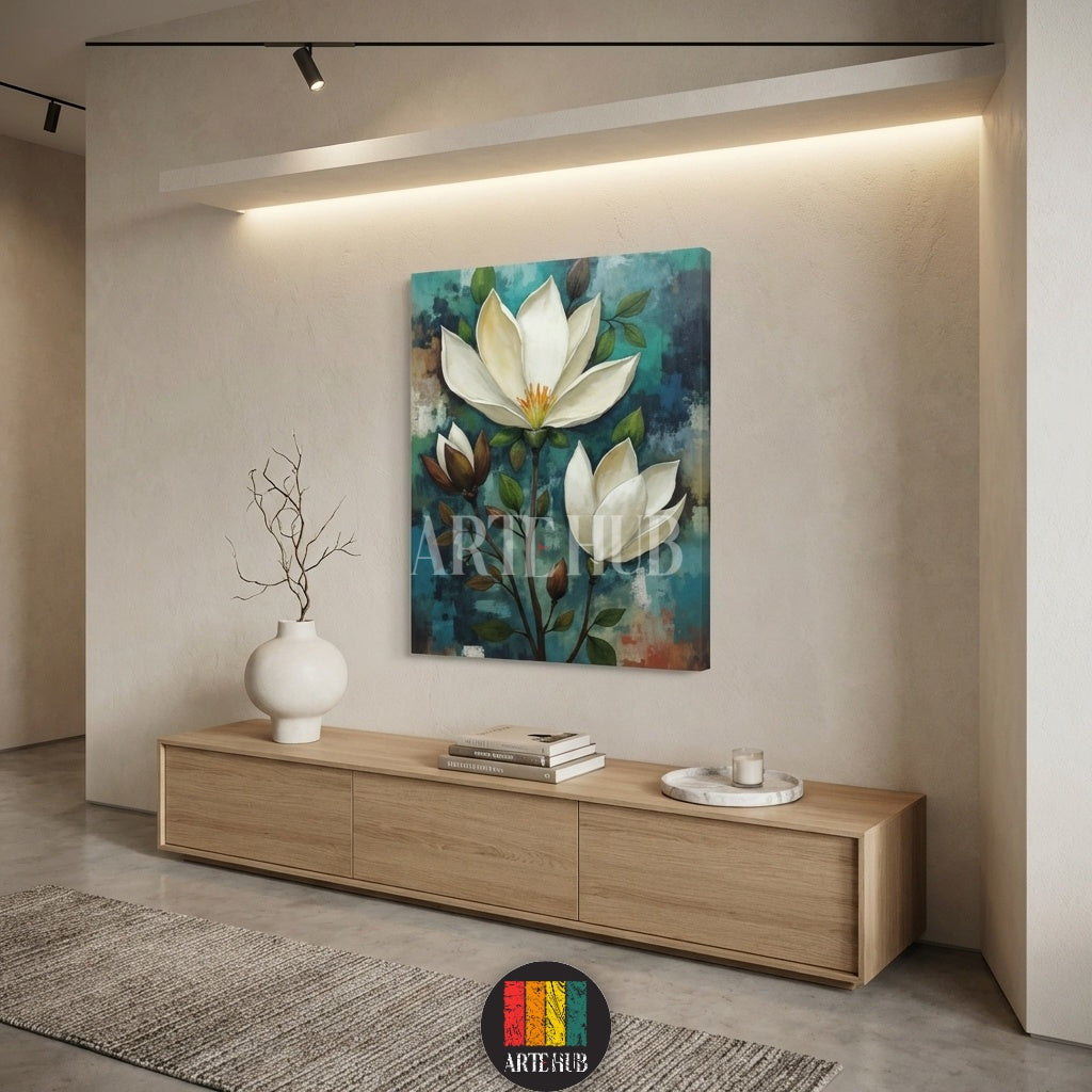  A beautiful vertical canvas print featuring large white magnolia flowers on a textured teal background, ideal for modern Egyptian home decor by Artehub.

 لوحة فنية من الكانفاس لزهور الماغنوليا البيضاء الأنيقة على خلفية تركوازية، مناسبة لديكورات المنازل المودرن في مصر من آرت هوب.