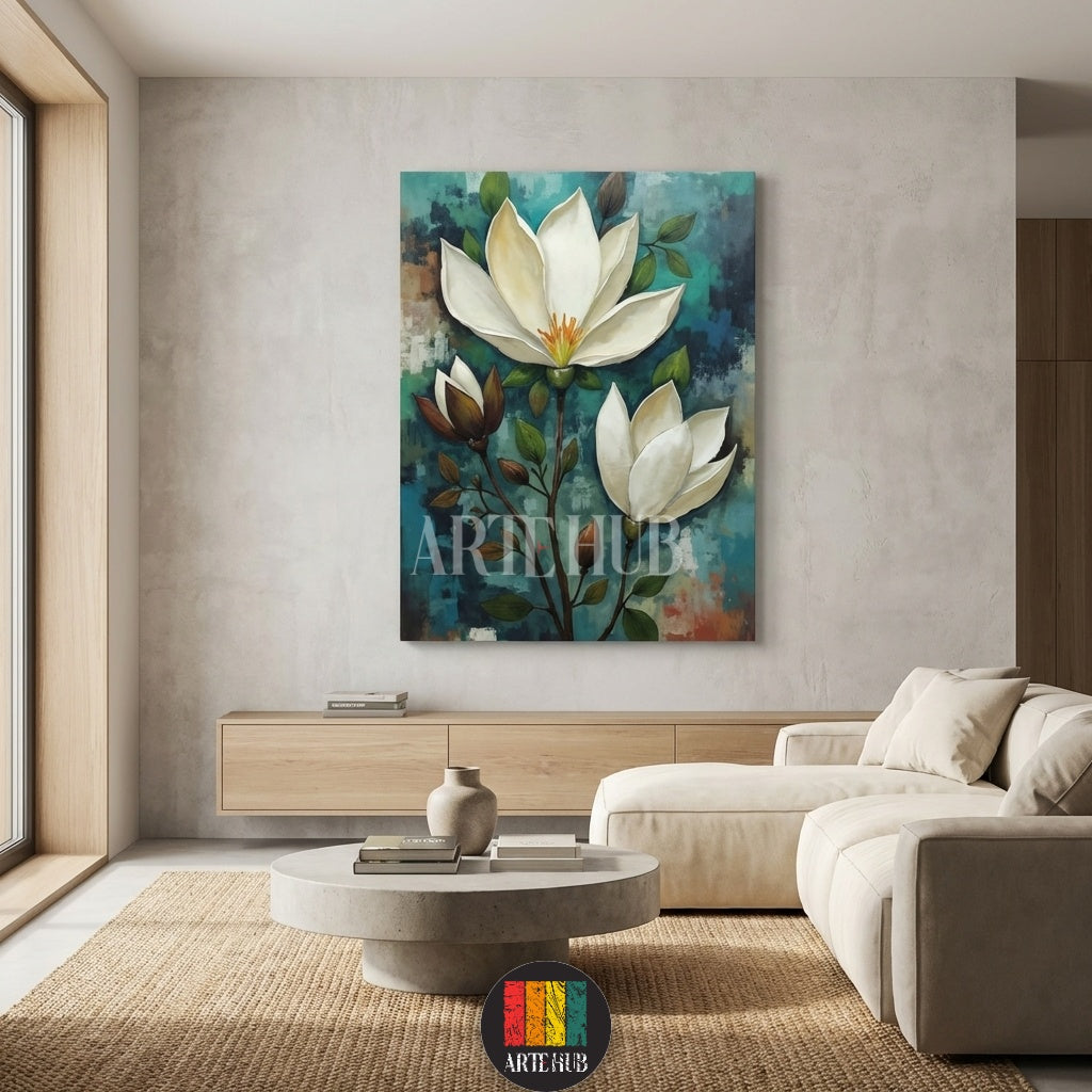  A beautiful vertical canvas print featuring large white magnolia flowers on a textured teal background, ideal for modern Egyptian home decor by Artehub.

 لوحة فنية من الكانفاس لزهور الماغنوليا البيضاء الأنيقة على خلفية تركوازية، مناسبة لديكورات المنازل المودرن في مصر من آرت هوب.