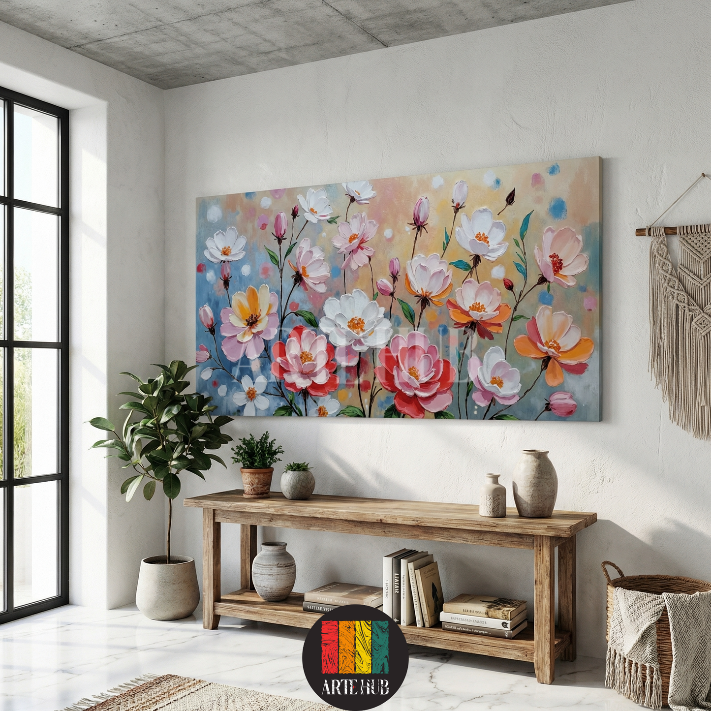 A vibrant floral oil painting on canvas with red and white flowers hanging on a pink wall in an Egyptian-style living room by Artehub.

 لوحة زيتية فاخرة للزهور الملونة بنمط مودرن معلقة فوق أريكة في غرفة معيشة بمصر من تصميم Artehub.