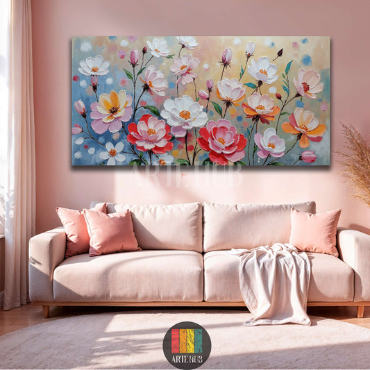 A vibrant floral oil painting on canvas with red and white flowers hanging on a pink wall in an Egyptian-style living room by Artehub.

 لوحة زيتية فاخرة للزهور الملونة بنمط مودرن معلقة فوق أريكة في غرفة معيشة بمصر من تصميم Artehub.
