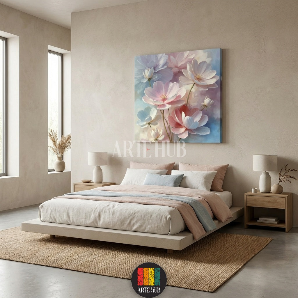 A soft floral pastel canvas wall art featuring delicate pink and white petals, perfect for a modern Egyptian home interior by Artehub Egypt.

لوحة كانفاس لزهور رقيقة بألوان الباستيل الهادئة، تناسب الديكور المودرن في المنازل المصرية من آرت هوب Artehub مصر.