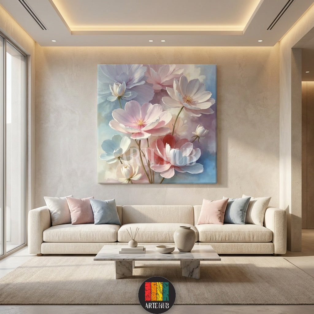 A soft floral pastel canvas wall art featuring delicate pink and white petals, perfect for a modern Egyptian home interior by Artehub Egypt.

لوحة كانفاس لزهور رقيقة بألوان الباستيل الهادئة، تناسب الديكور المودرن في المنازل المصرية من آرت هوب Artehub مصر.