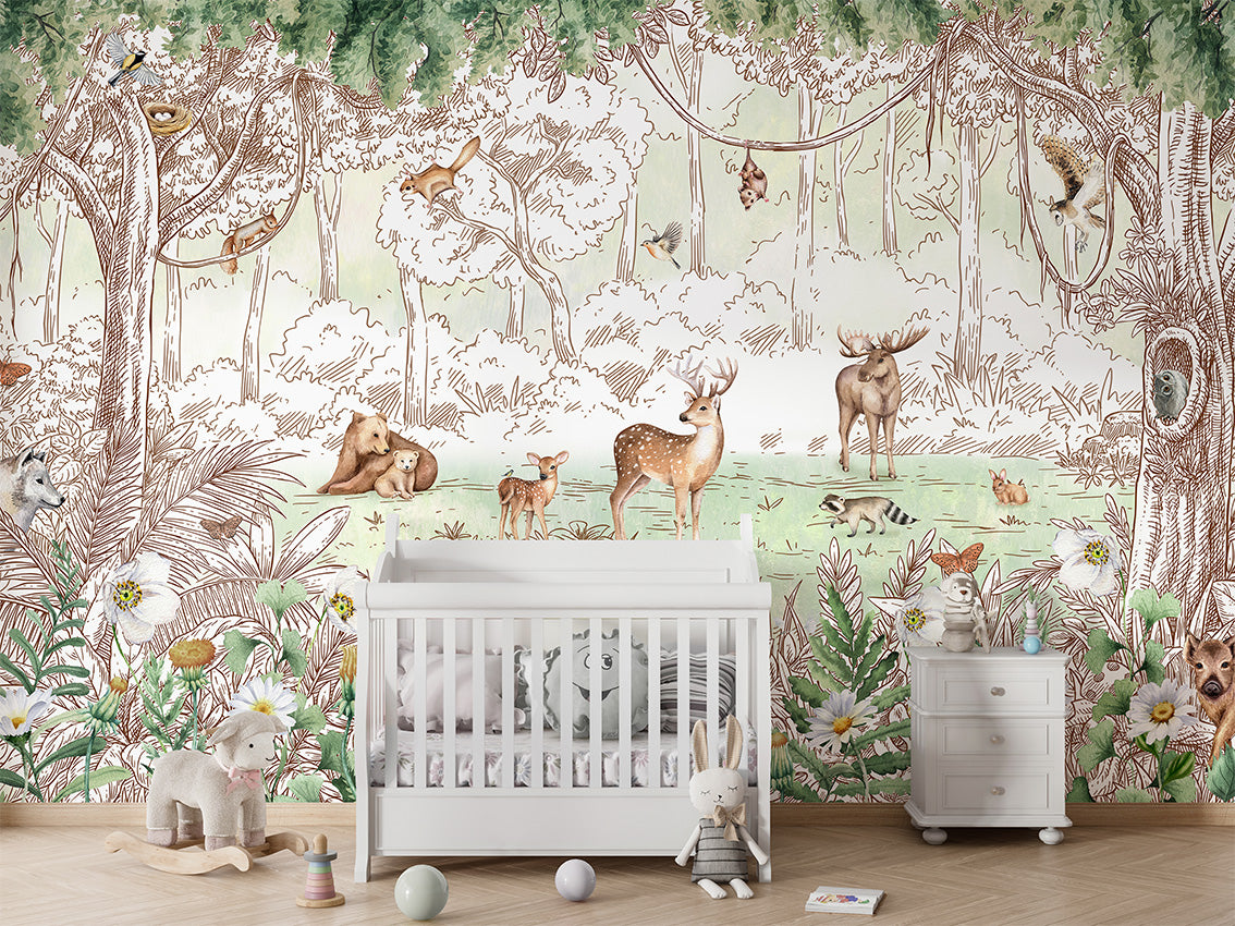 Forest Friends - Spring luxury wallpaper in kids room interior — Artehub Egypt