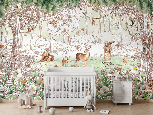 Forest Friends - Spring luxury wallpaper in kids room interior — Artehub Egypt