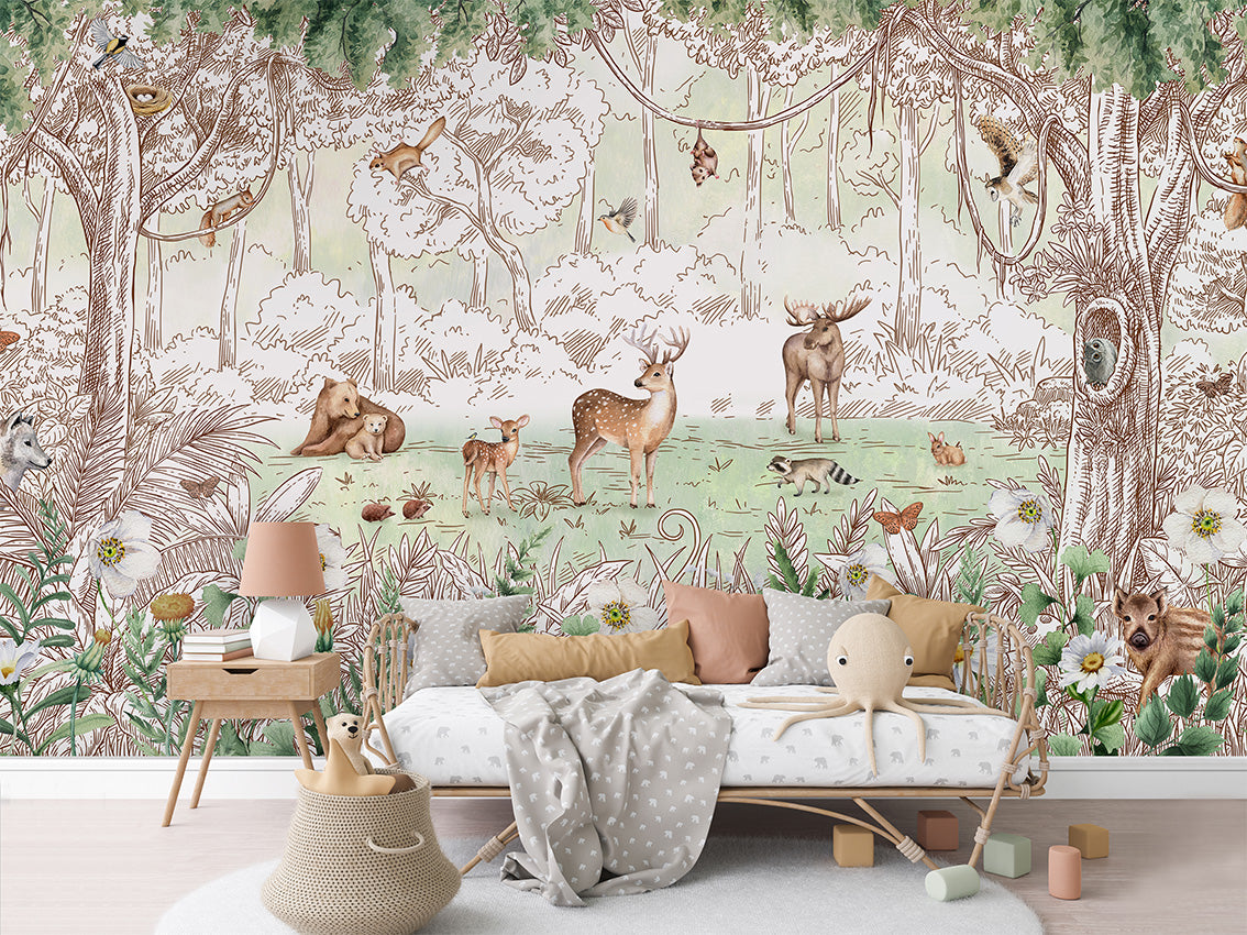 Forest Friends - Spring luxury wallpaper in kids room interior — Artehub Egypt