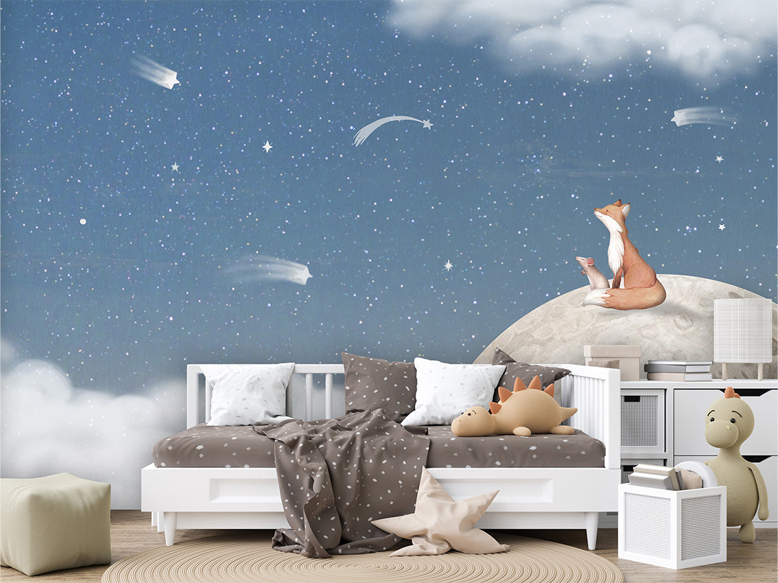 Fox_on_the_Moon_-_Blue kids room wallpaper interior — premium wallpaper by Artehub Egypt