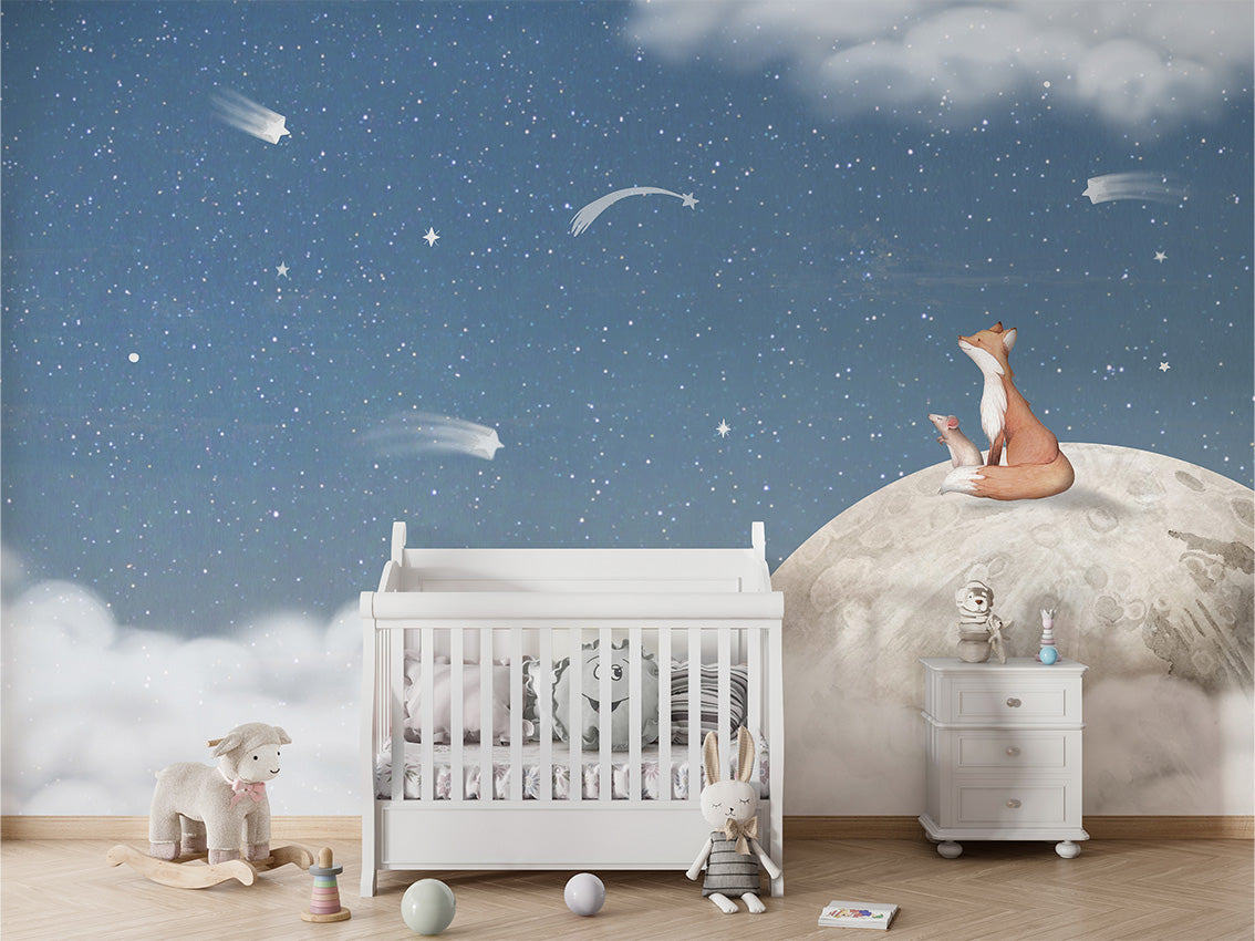 Fox_on_the_Moon_-_Blue kids room wallpaper interior — premium wallpaper by Artehub Egypt