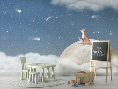 Fox_on_the_Moon_-_Blue kids room wallpaper interior — premium wallpaper by Artehub Egypt