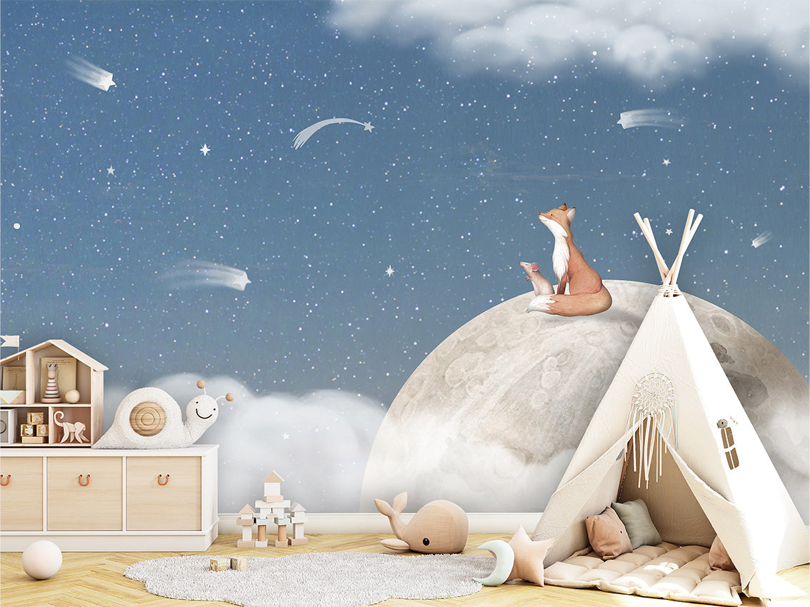 Fox_on_the_Moon_-_Blue kids room wallpaper interior — premium wallpaper by Artehub Egypt