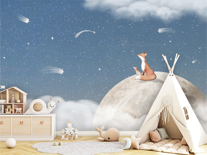Fox_on_the_Moon_-_Blue kids room wallpaper interior — premium wallpaper by Artehub Egypt