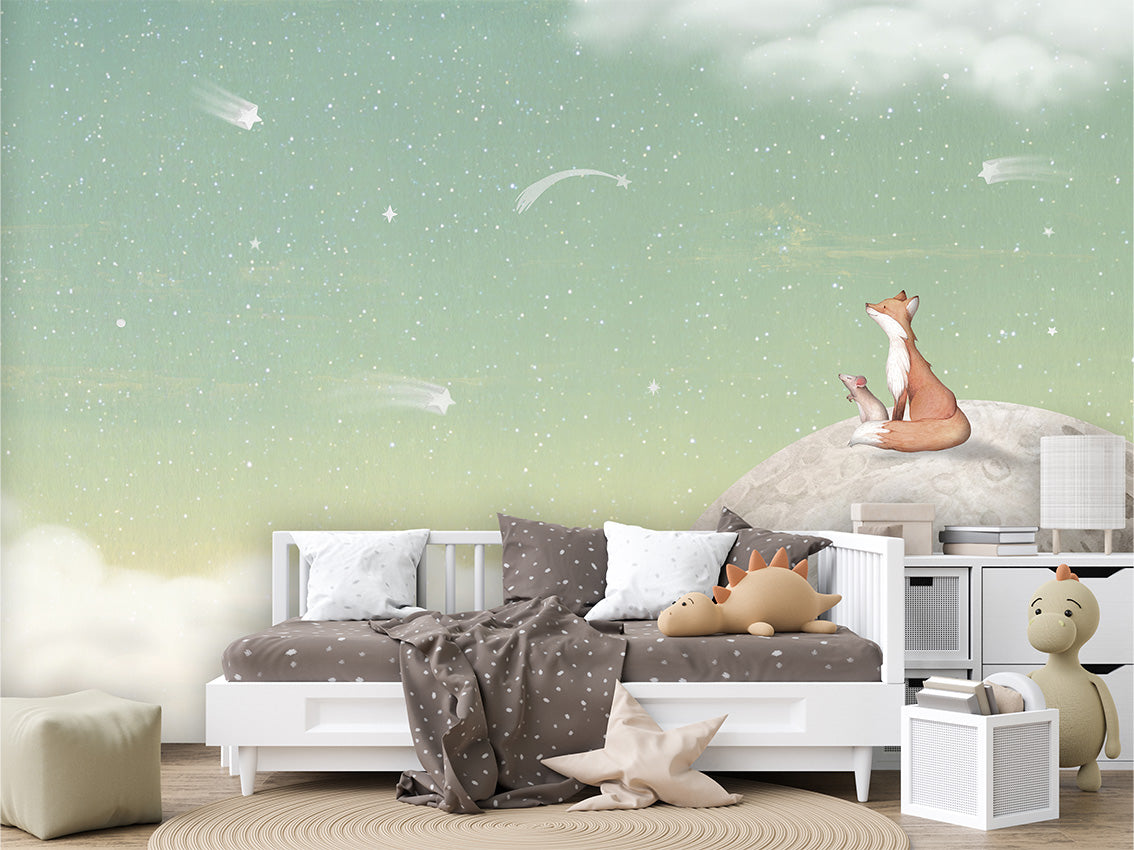 Fox_on_the_Moon_-_Green kids room wallpaper interior — premium wallpaper by Artehub Egypt