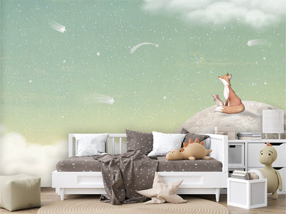 Fox_on_the_Moon_-_Green kids room wallpaper interior — premium wallpaper by Artehub Egypt