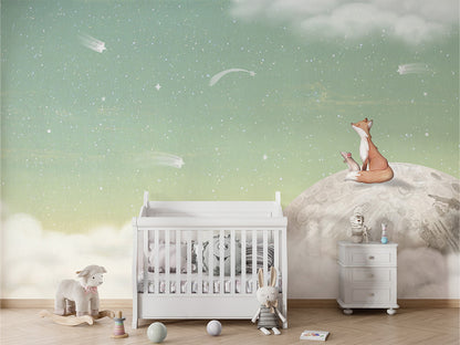Fox_on_the_Moon_-_Green kids room wallpaper interior — premium wallpaper by Artehub Egypt