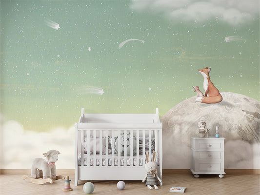 Fox_on_the_Moon_-_Green kids room wallpaper interior — premium wallpaper by Artehub Egypt