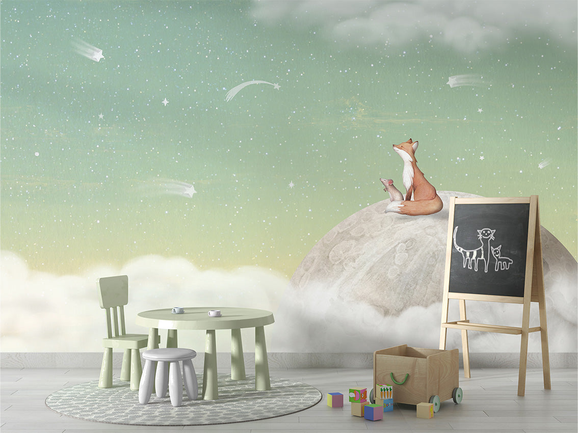 Fox_on_the_Moon_-_Green kids room wallpaper interior — premium wallpaper by Artehub Egypt