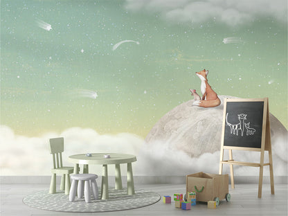 Fox_on_the_Moon_-_Green kids room wallpaper interior — premium wallpaper by Artehub Egypt
