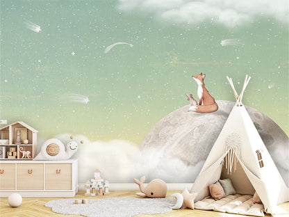 Fox_on_the_Moon_-_Green kids room wallpaper interior — premium wallpaper by Artehub Egypt