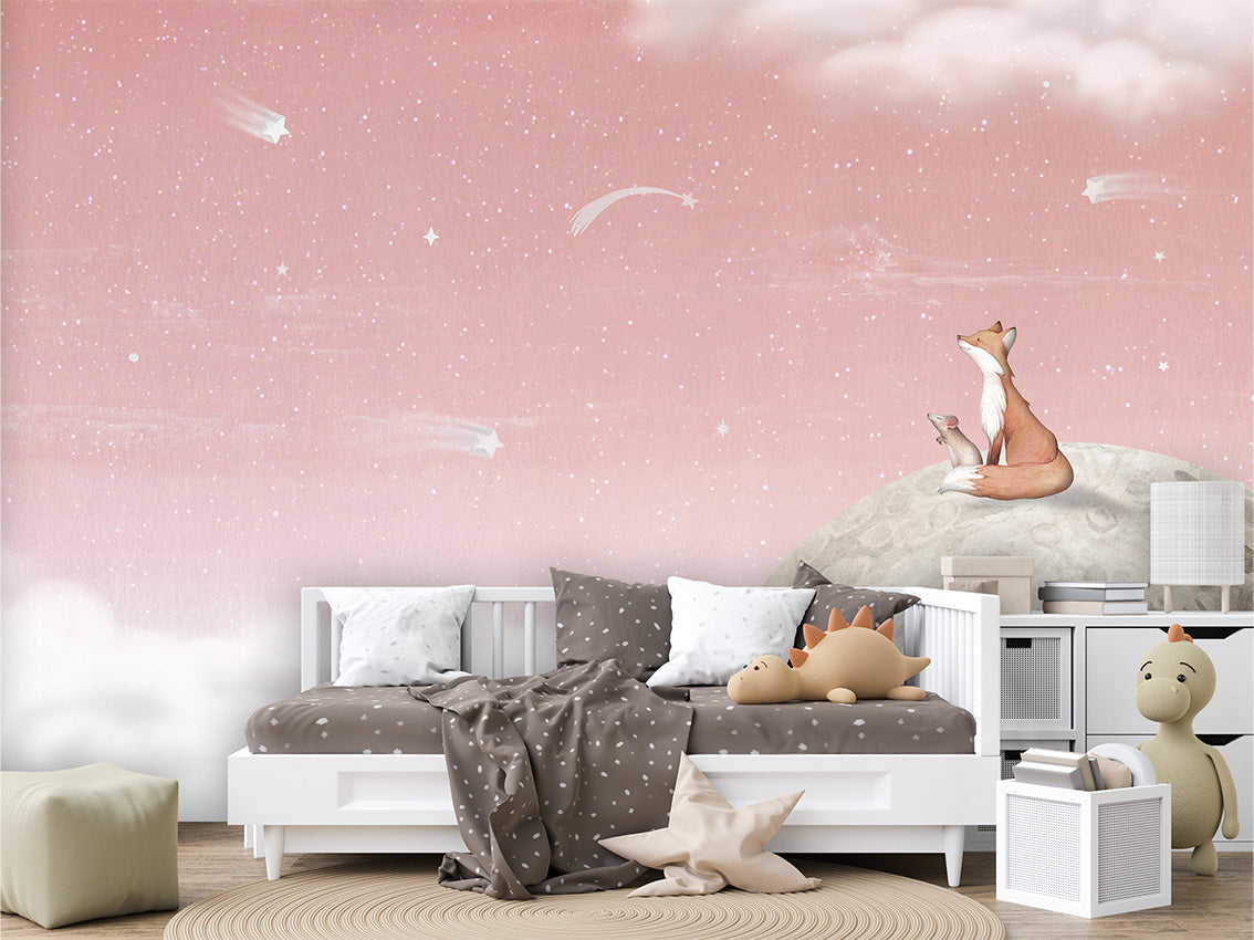 Fox_on_the_Moon_-_Pink kids room wallpaper interior — premium wallpaper by Artehub Egypt