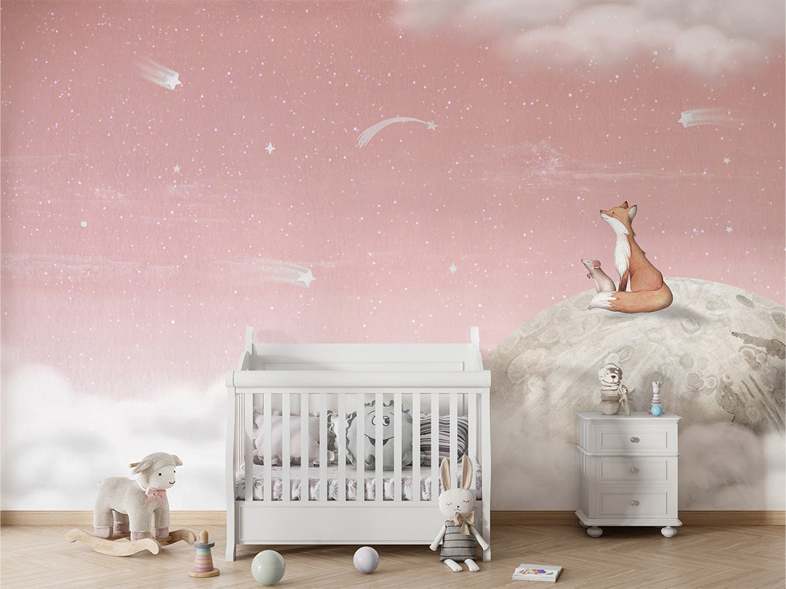 Fox_on_the_Moon_-_Pink kids room wallpaper interior — premium wallpaper by Artehub Egypt