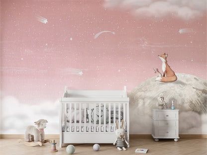 Fox_on_the_Moon_-_Pink kids room wallpaper interior — premium wallpaper by Artehub Egypt
