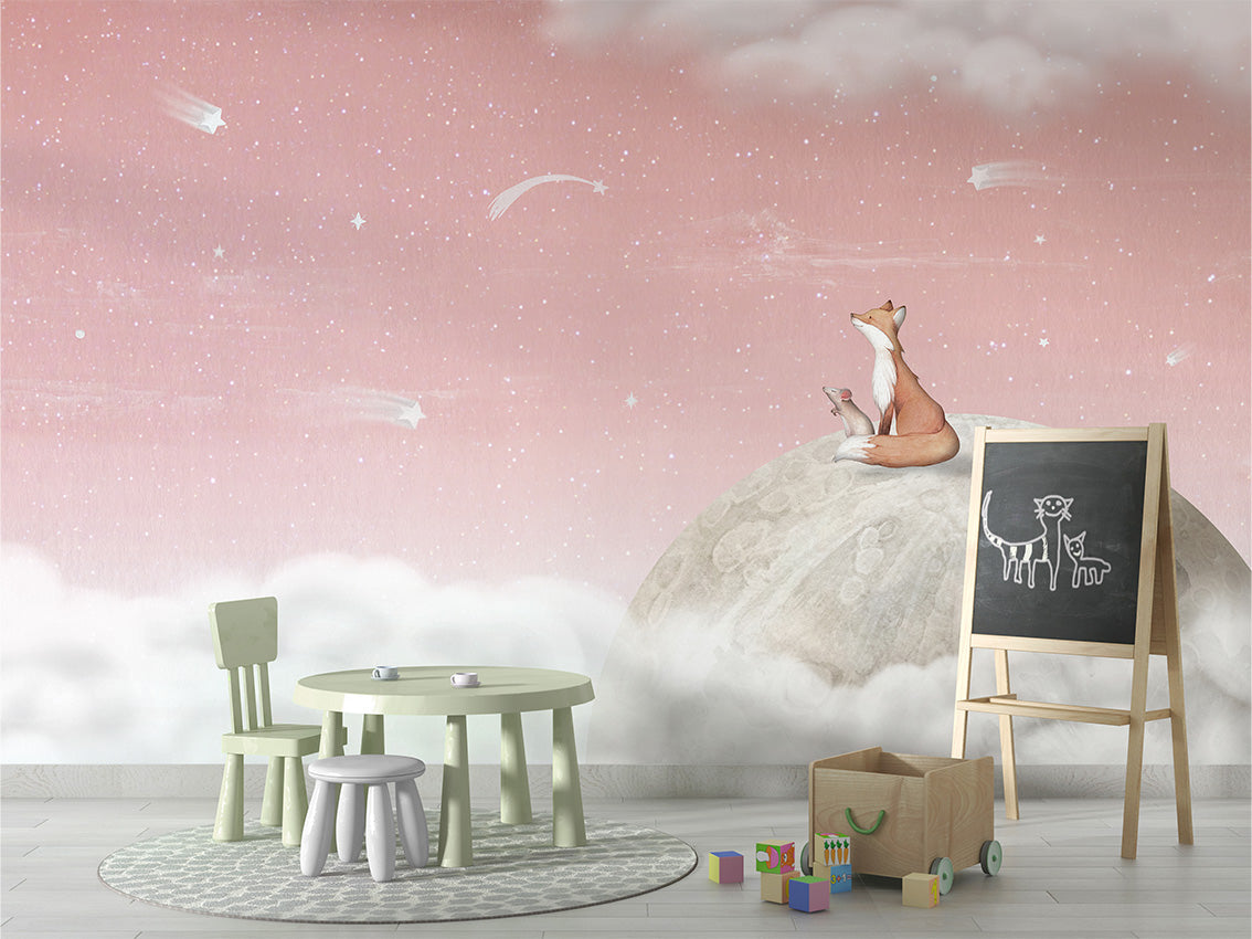 Fox_on_the_Moon_-_Pink kids room wallpaper interior — premium wallpaper by Artehub Egypt