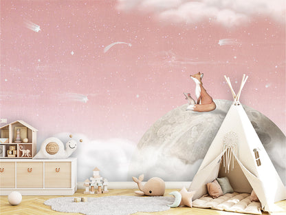 Fox_on_the_Moon_-_Pink kids room wallpaper interior — premium wallpaper by Artehub Egypt