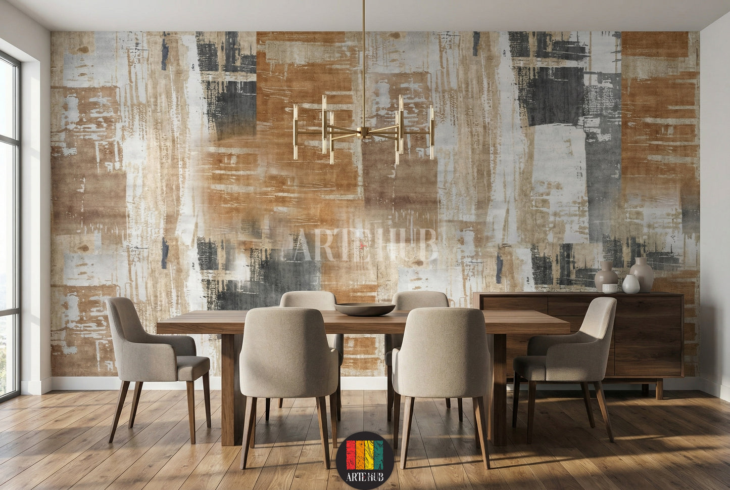 A modern dining room featuring Fusion Abstract Wallpaper with brown, beige, white, and grey brushstroke textures. Includes a wooden table, chairs, chandelier, and side cabinet, enhancing contemporary home decor in Egypt.
غرفة طعام عصرية مع ورق حائط فيوجن بتصميم تجريدي بألوان بني، بيج، أبيض ورمادي. مثالي لديكور الحوائط الحديثة في مصر، يظهر طابعًا فنيًا للمنزل.

room: dining 