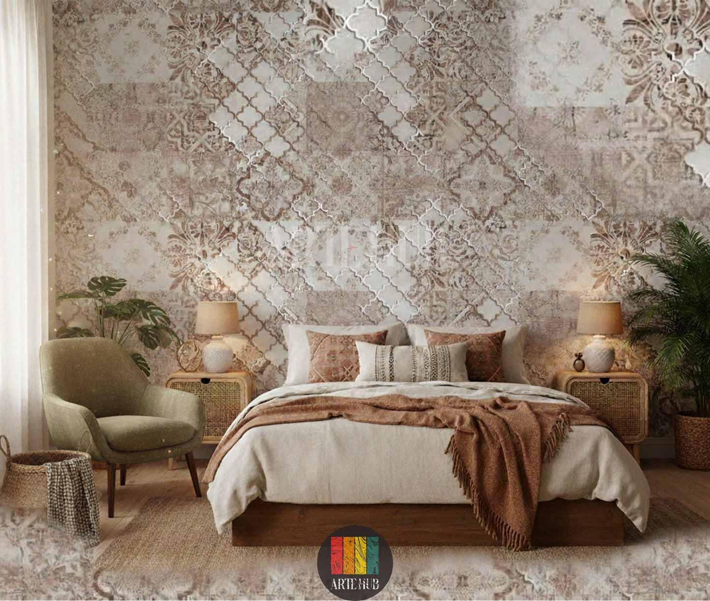 Full view of a bedroom decorated with Fustat patterned wallpaper, featuring beige sofa, rattan chair, various green plants, and a round jute rug, perfect for a bohemian or rustic Egyptian interior.
صورة لغرفة نوم بديكور بوهيمي مع ورق حائط فسطاط بنقوش تراثية، كنبة بيج، كرسي خيزران، ونباتات داخلية، مثالي للمنازل العصرية في مصر.
room: bedroom