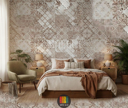 Full view of a bedroom decorated with Fustat patterned wallpaper, featuring beige sofa, rattan chair, various green plants, and a round jute rug, perfect for a bohemian or rustic Egyptian interior.
صورة لغرفة نوم بديكور بوهيمي مع ورق حائط فسطاط بنقوش تراثية، كنبة بيج، كرسي خيزران، ونباتات داخلية، مثالي للمنازل العصرية في مصر.
room: bedroom