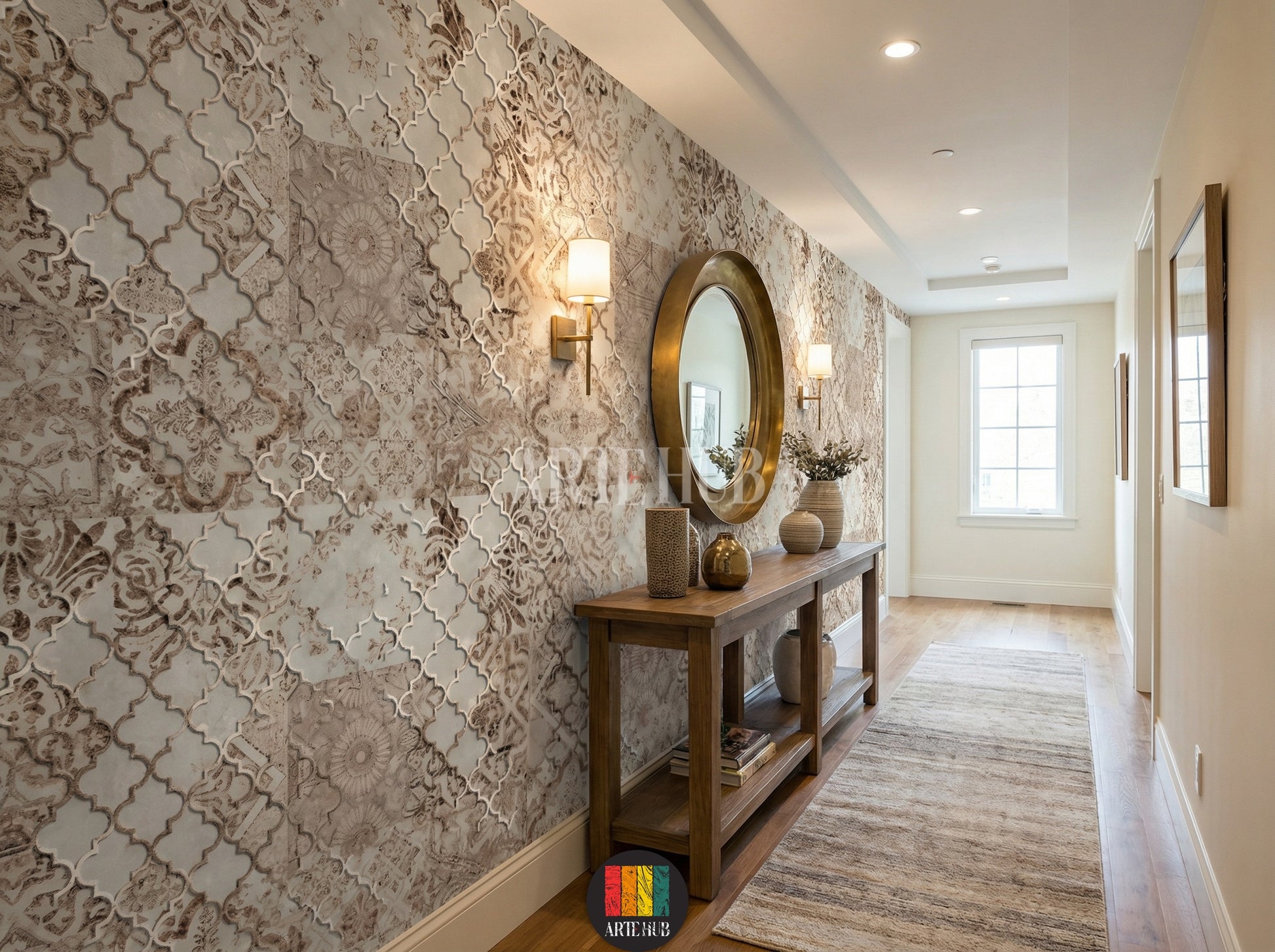 Full view of a hallway decorated with Fustat patterned wallpaper, featuring beige sofa, rattan chair, various green plants, and a round jute rug, perfect for a bohemian or rustic Egyptian interior.
صورة لممر بديكور بوهيمي مع ورق حائط فسطاط بنقوش تراثية، كنبة بيج، كرسي خيزران، ونباتات داخلية، مثالي للمنازل العصرية في مصر.
room: hallway