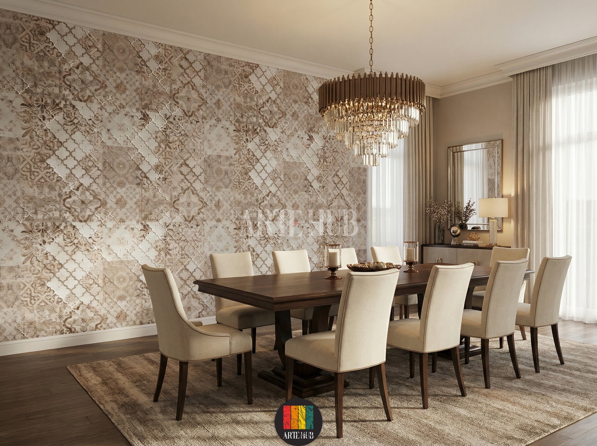 Full view of a dining room decorated with Fustat patterned wallpaper, featuring beige sofa, rattan chair, various green plants, and a round jute rug, perfect for a bohemian or rustic Egyptian interior.
صورة لغرفة طعام بديكور بوهيمي مع ورق حائط فسطاط بنقوش تراثية، كنبة بيج، كرسي خيزران، ونباتات داخلية، مثالي للمنازل العصرية في مصر.
room: dining room