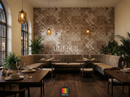 Full view of a restaurant decorated with Fustat patterned wallpaper, featuring beige sofa, rattan chair, various green plants, and a round jute rug, perfect for a bohemian or rustic Egyptian interior.
صورة لمطعم بديكور بوهيمي مع ورق حائط فسطاط بنقوش تراثية، كنبة بيج، كرسي خيزران، ونباتات داخلية، مثالي للمنازل العصرية في مصر.
room: restaurant