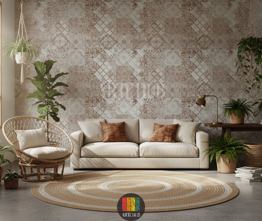 Full view of a living room decorated with Fustat patterned wallpaper, featuring beige sofa, rattan chair, various green plants, and a round jute rug, perfect for a bohemian or rustic Egyptian interior.
صورة لغرفة معيشة بديكور بوهيمي مع ورق حائط فسطاط بنقوش تراثية، كنبة بيج، كرسي خيزران، ونباتات داخلية، مثالي للمنازل العصرية في مصر.
room: living room
