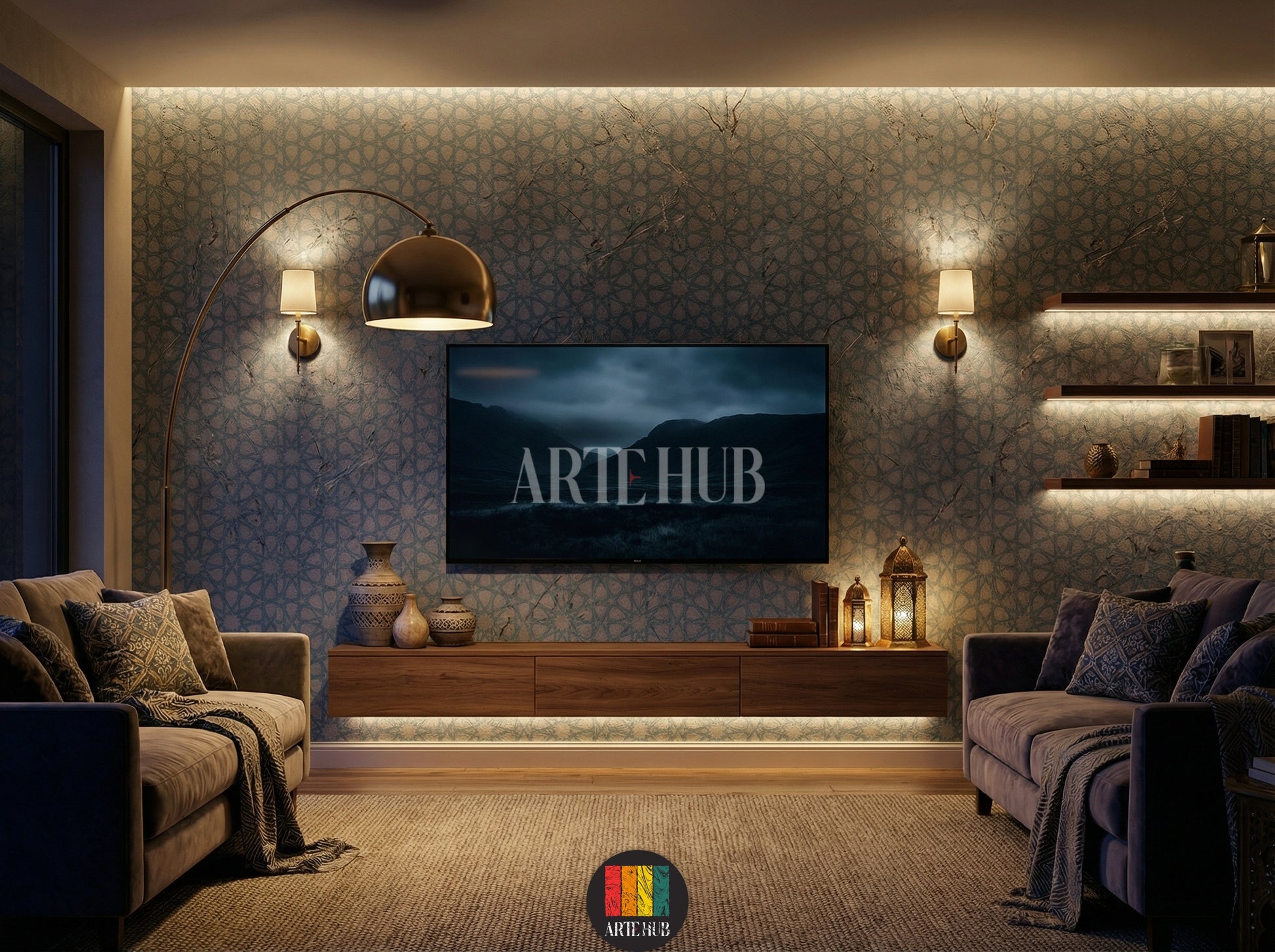 Full view of a modern tv room featuring a light blue and grey geometric textured wallpaper with an Islamic pattern. A white sofa with grey pillows, a white coffee table with candles and decor, and modern black pendant lights are visible. Ideal for contemporary home decor in Egypt.
صورة كاملة لممر عصري به ورق حائط مزخرف بنقوش هندسية إسلامية باللون الأزرق الفاتح والرمادي. تظهر كنبة بيضاء بوسائد رمادية، طاولة قهوة بيضاء مع شموع وديكور، وإضاءة معلقة حديثة. 
room: tv