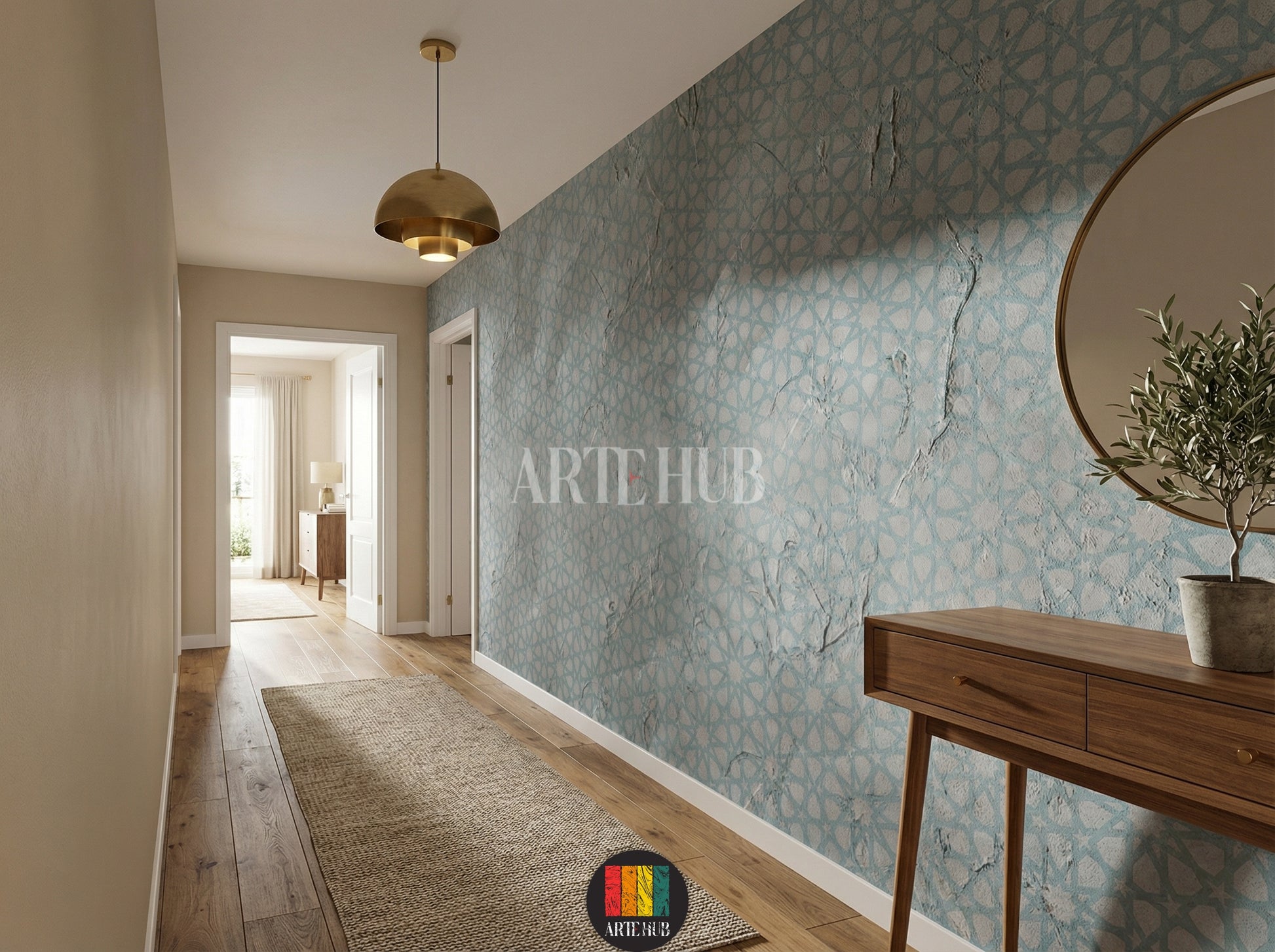 Full view of a modern hallway featuring a light blue and grey geometric textured wallpaper with an Islamic pattern. A white sofa with grey pillows, a white coffee table with candles and decor, and modern black pendant lights are visible. Ideal for contemporary home decor in Egypt.
صورة كاملة لممر عصري به ورق حائط مزخرف بنقوش هندسية إسلامية باللون الأزرق الفاتح والرمادي. تظهر كنبة بيضاء بوسائد رمادية، طاولة قهوة بيضاء مع شموع وديكور، وإضاءة معلقة حديثة. 
room: hallway
