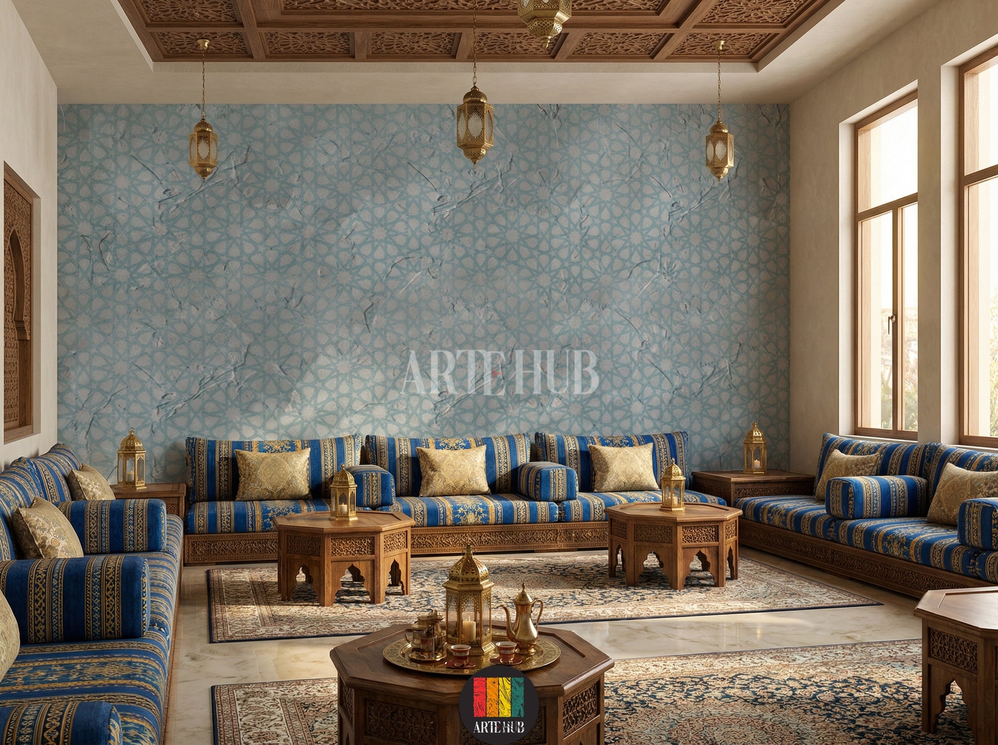 Full view of a modern living room featuring a light blue and grey geometric textured wallpaper with an Islamic pattern. A white sofa with grey pillows, a white coffee table with candles and decor, and modern black pendant lights are visible. Ideal for contemporary home decor in Egypt.
صورة كاملة لغرفة معيشة عصرية بها ورق حائط مزخرف بنقوش هندسية إسلامية باللون الأزرق الفاتح والرمادي. تظهر كنبة بيضاء بوسائد رمادية، طاولة قهوة بيضاء مع شموع وديكور، وإضاءة معلقة حديثة.
room: majles room 