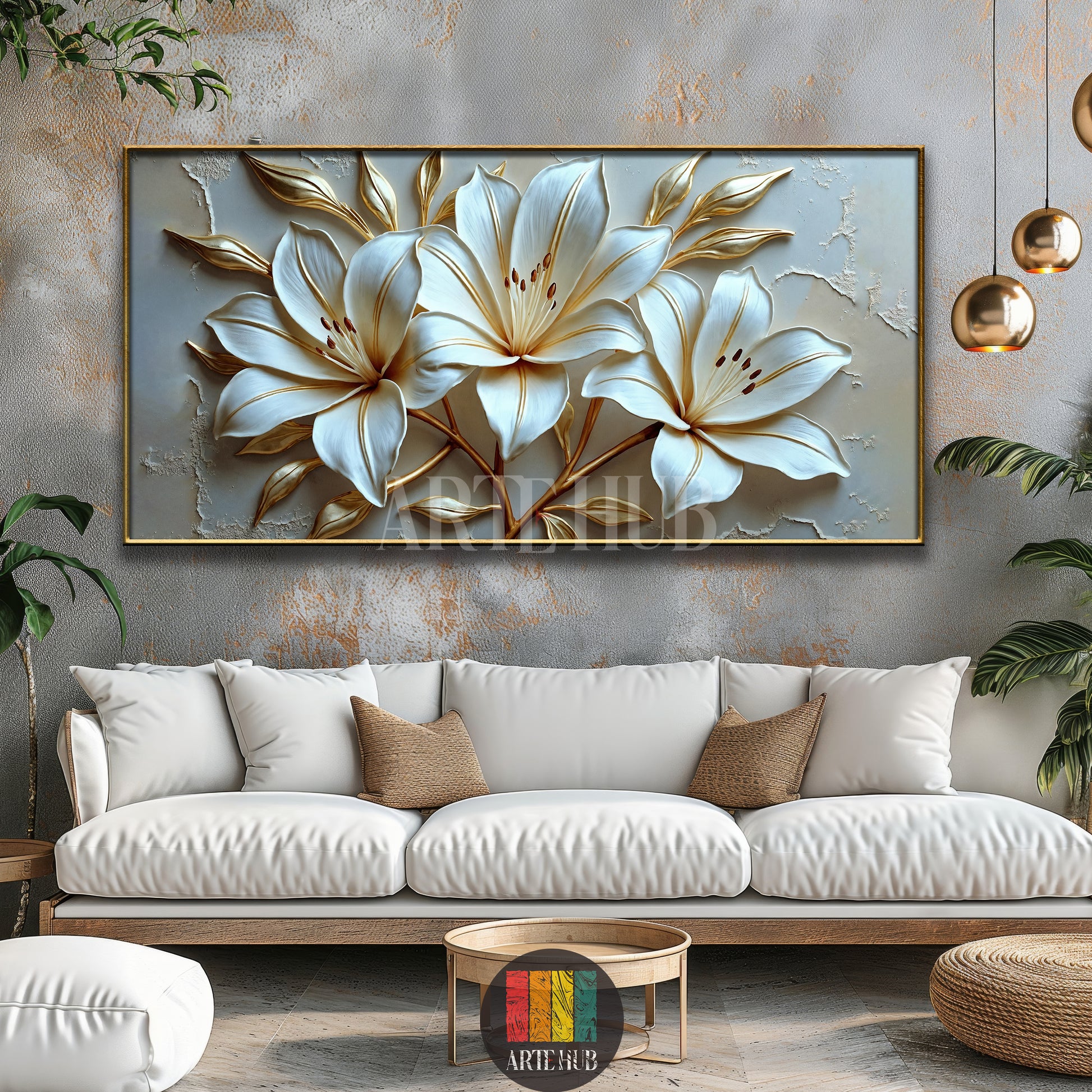 A luxurious 3D canvas featuring three prominent white lilies with intricate gold accents and stems, set against a textured light grey background. This elegant floral wall art is ideal for modern living rooms in Egypt, enhancing the interior with a sophisticated Egyptian touch.
تابلوه كانفاس ثلاثي الأبعاد فاخر يصور ثلاث زنابق بيضاء بارزة مع تفاصيل ذهبية معقدة وسيقان، على خلفية رمادية فاتحة مزخرفة. هذا الفن الجداري الزهري الأنيق مثالي لغرف المعيشة الحديثة في مصر، ويضيف لمسة راقية لديكور المنزل في مصر.
