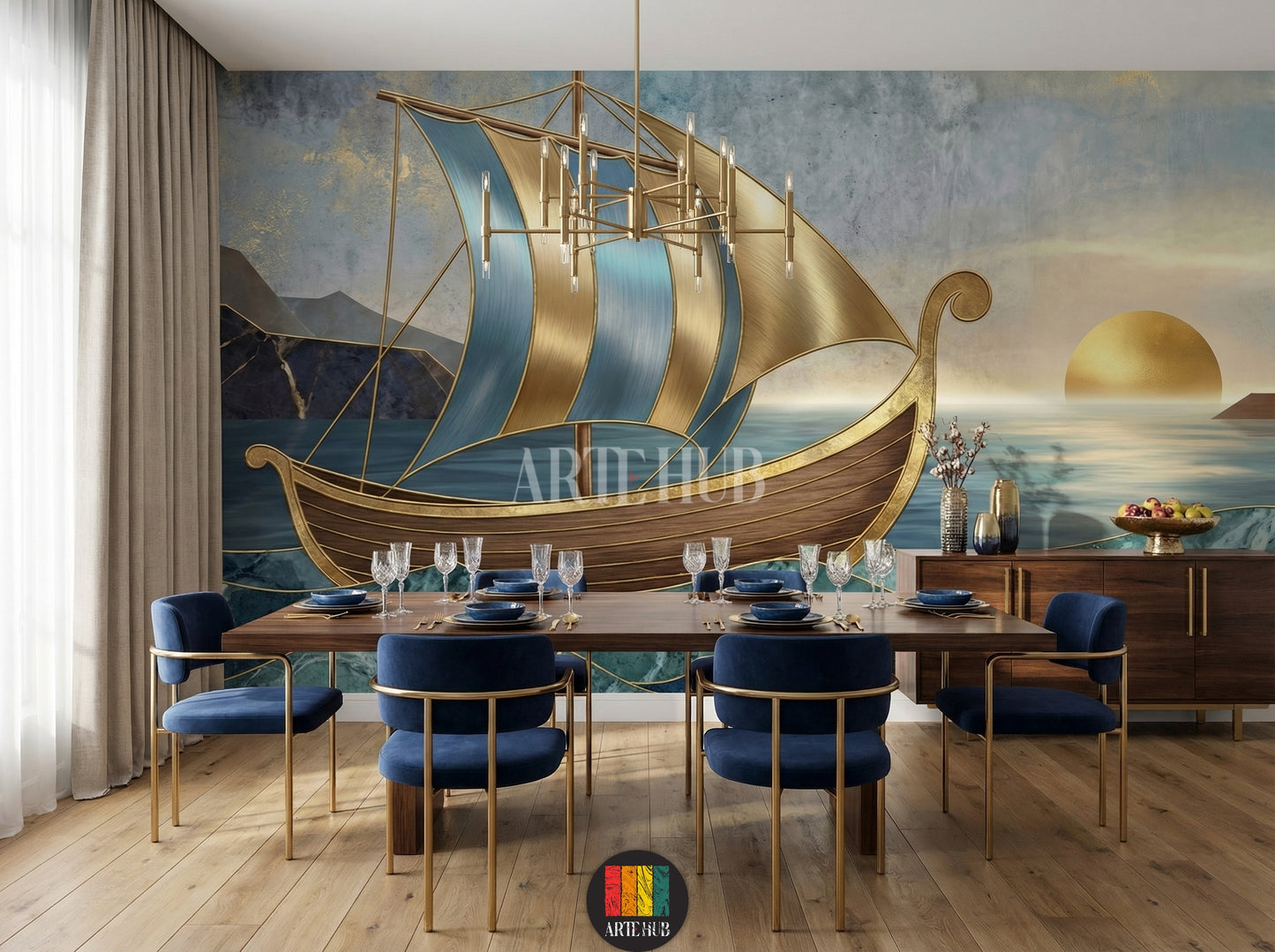 A luxurious dining room featuring an abstract golden ship wallpaper mural with blue and gold sails on a calm sea at sunset, ideal for modern home decoration in Egypt. Includes blue velvet sofa and golden lamps.
صورة لغرفة فاخرة مع ورق حائط جداري لسفينة ذهبية بأشرعة زرقاء وذهبية على بحر هادئ عند الغروب، تصميم عصري لديكور المنزل في مصر. يتضمن كنبة مخملية زرقاء ومصابيح ذهبية.
room: dining room