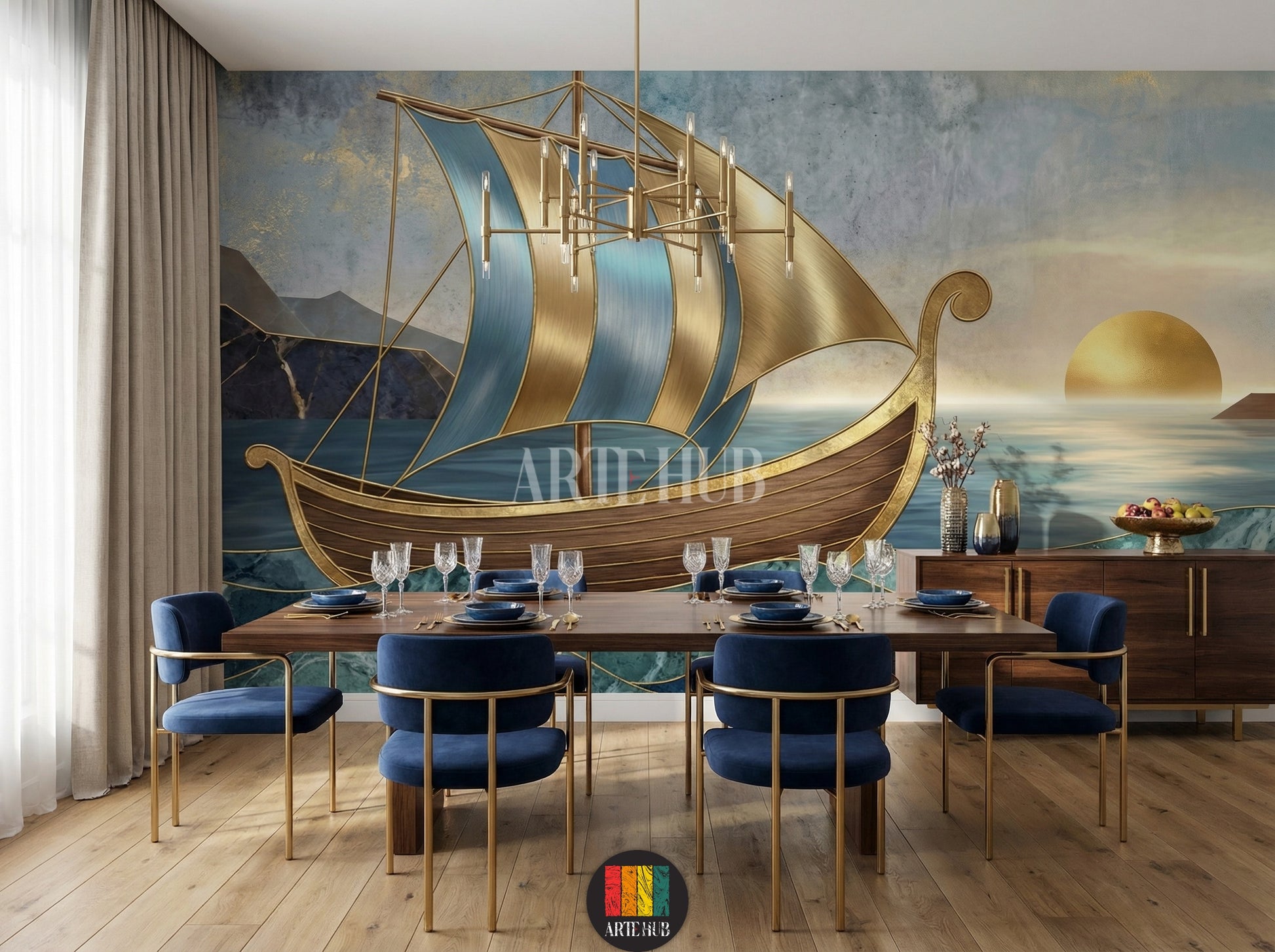 A luxurious dining room featuring an abstract golden ship wallpaper mural with blue and gold sails on a calm sea at sunset, ideal for modern home decoration in Egypt. Includes blue velvet sofa and golden lamps.
صورة لغرفة فاخرة مع ورق حائط جداري لسفينة ذهبية بأشرعة زرقاء وذهبية على بحر هادئ عند الغروب، تصميم عصري لديكور المنزل في مصر. يتضمن كنبة مخملية زرقاء ومصابيح ذهبية.
room: dining room