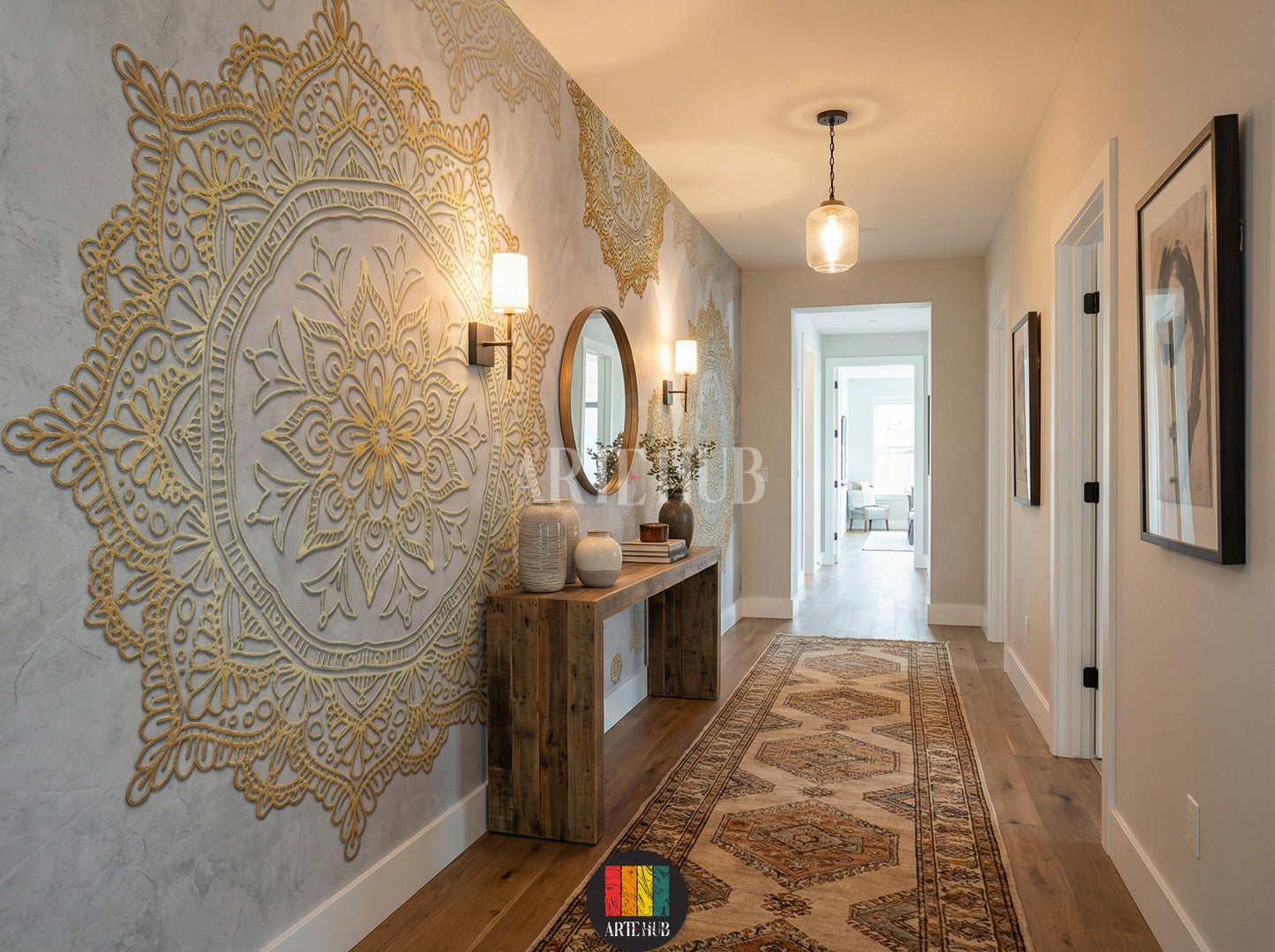 A luxurious hallway featuring a feature wall with intricate golden mandala patterns on a grey textured background, creating an elegant Egyptian wall decor look.
ممر يتميز بورق حائط بتصميمات ماندالا ذهبية معقدة على خلفية رمادية مزخرفة، لإضفاء ديكور حائط عصري وراقي في مصر.
room: hallway