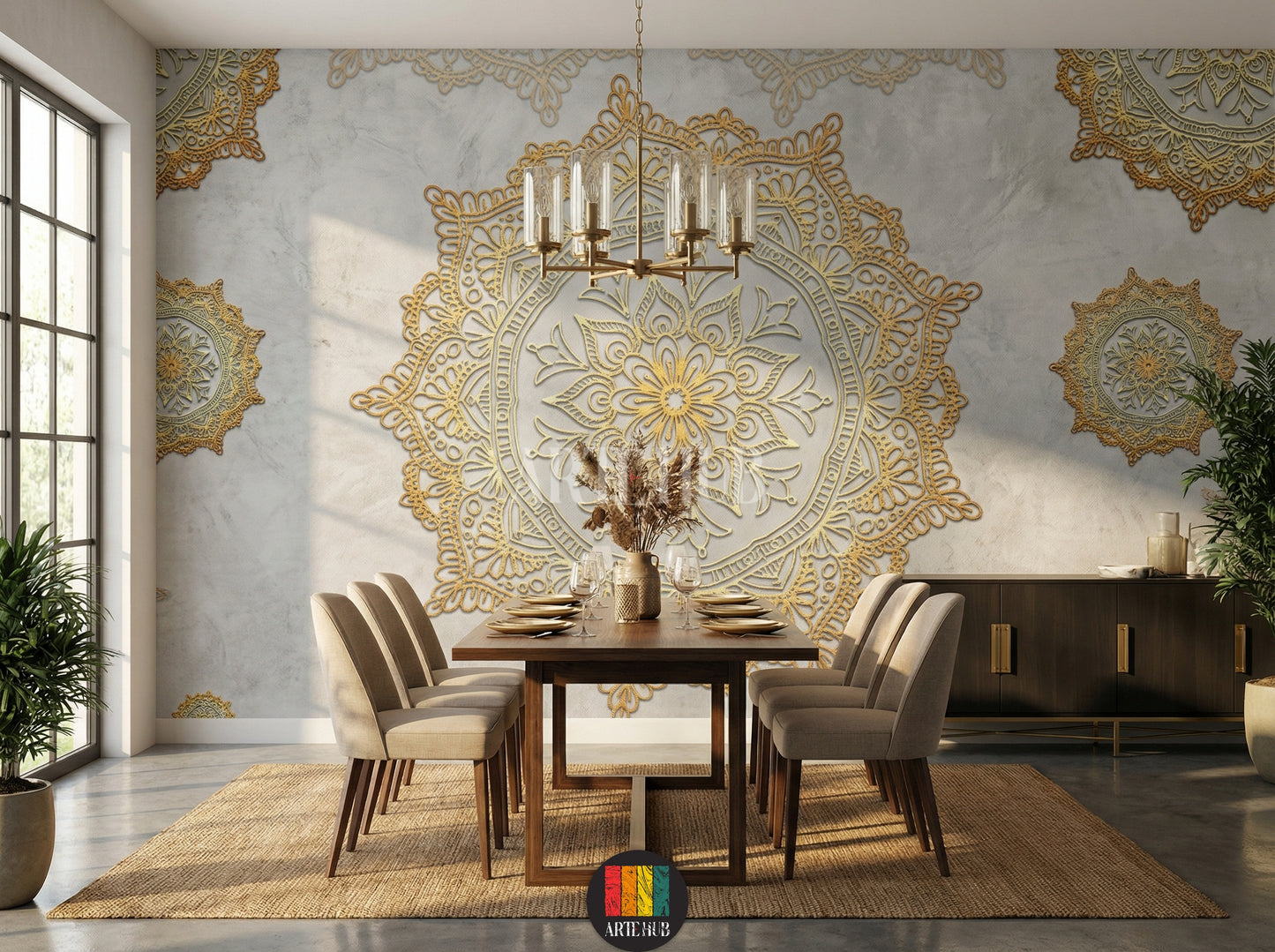 A luxurious dining room featuring a feature wall with intricate golden mandala patterns on a grey textured background, creating an elegant Egyptian wall decor look.
غرفة طعام فاخرة تتميز بورق حائط بتصميمات ماندالا ذهبية معقدة على خلفية رمادية مزخرفة، لإضفاء ديكور حائط عصري وراقي في مصر.
room: dining room
