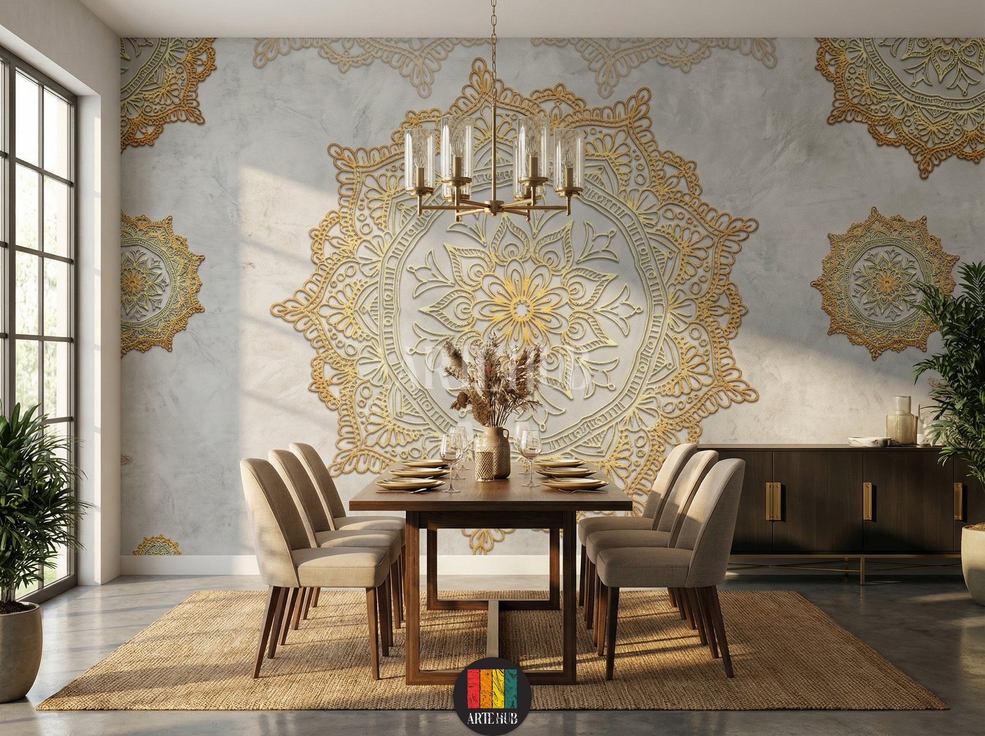 A luxurious dining room featuring a feature wall with intricate golden mandala patterns on a grey textured background, creating an elegant Egyptian wall decor look.
غرفة طعام فاخرة تتميز بورق حائط بتصميمات ماندالا ذهبية معقدة على خلفية رمادية مزخرفة، لإضفاء ديكور حائط عصري وراقي في مصر.
room: dining room
