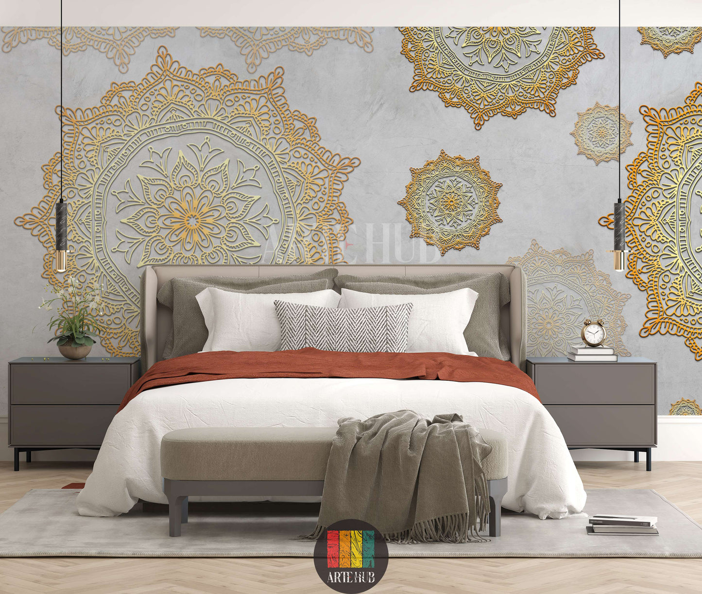 A luxurious bedroom featuring a feature wall with intricate golden mandala patterns on a grey textured background, creating an elegant Egyptian wall decor look.
غرفة نوم فاخرة تتميز بورق حائط بتصميمات ماندالا ذهبية معقدة على خلفية رمادية مزخرفة، لإضفاء ديكور حائط عصري وراقي في مصر.
room: bedroom