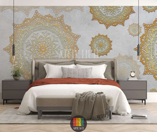 A luxurious bedroom featuring a feature wall with intricate golden mandala patterns on a grey textured background, creating an elegant Egyptian wall decor look.
غرفة نوم فاخرة تتميز بورق حائط بتصميمات ماندالا ذهبية معقدة على خلفية رمادية مزخرفة، لإضفاء ديكور حائط عصري وراقي في مصر.
room: bedroom