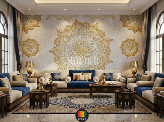 A luxurious majles room featuring a feature wall with intricate golden mandala patterns on a grey textured background, creating an elegant Egyptian wall decor look.
غرفة مجلس فاخرة تتميز بورق حائط بتصميمات ماندالا ذهبية معقدة على خلفية رمادية مزخرفة، لإضفاء ديكور حائط عصري وراقي في مصر.
room: majles room
