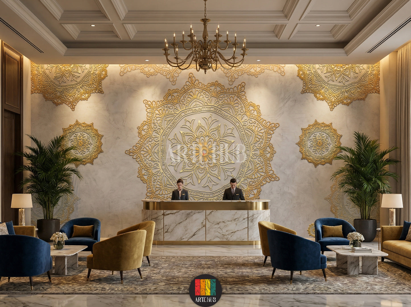 A luxurious lobby featuring a feature wall with intricate golden mandala patterns on a grey textured background, creating an elegant Egyptian wall decor look.
ريسيبشن فندق فاخر يتميز بورق حائط بتصميمات ماندالا ذهبية معقدة على خلفية رمادية مزخرفة، لإضفاء ديكور حائط عصري وراقي في مصر.
room: lobby